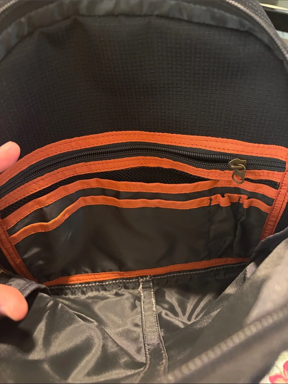 Timberland Black Canvas Backpack with Brown Trim and Orange Pull